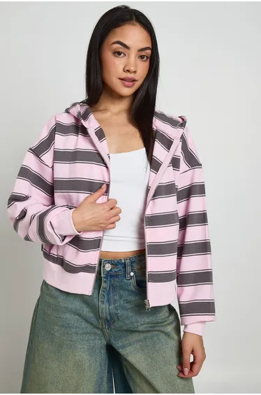 Striped Zip Through Boxy Hoodie - light pink