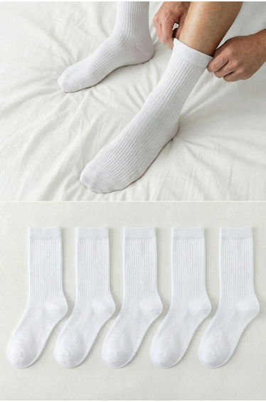 White Men's 5 Pack Cotton Textured College-Tennis-Medium Size Socks