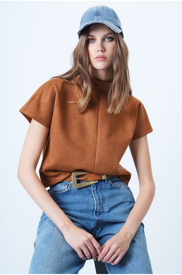 Women's Tan Mock Neck Hidden Zipper Faux Suede Blouse