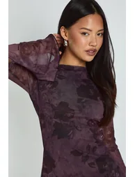 Petite Floral Animal Mix Mesh Flare Sleeve Mini Dress - plum - 3