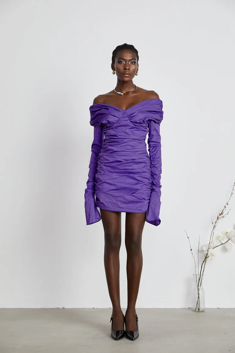 purple off the shoulder mini dress purple homecoming dress Short Glitter Off-the-Shoulder Homecoming Dress  Black / Large