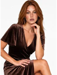 Maya Chocolate Faux Wrap Short Sleeve Velvet Maxi Dress - 2