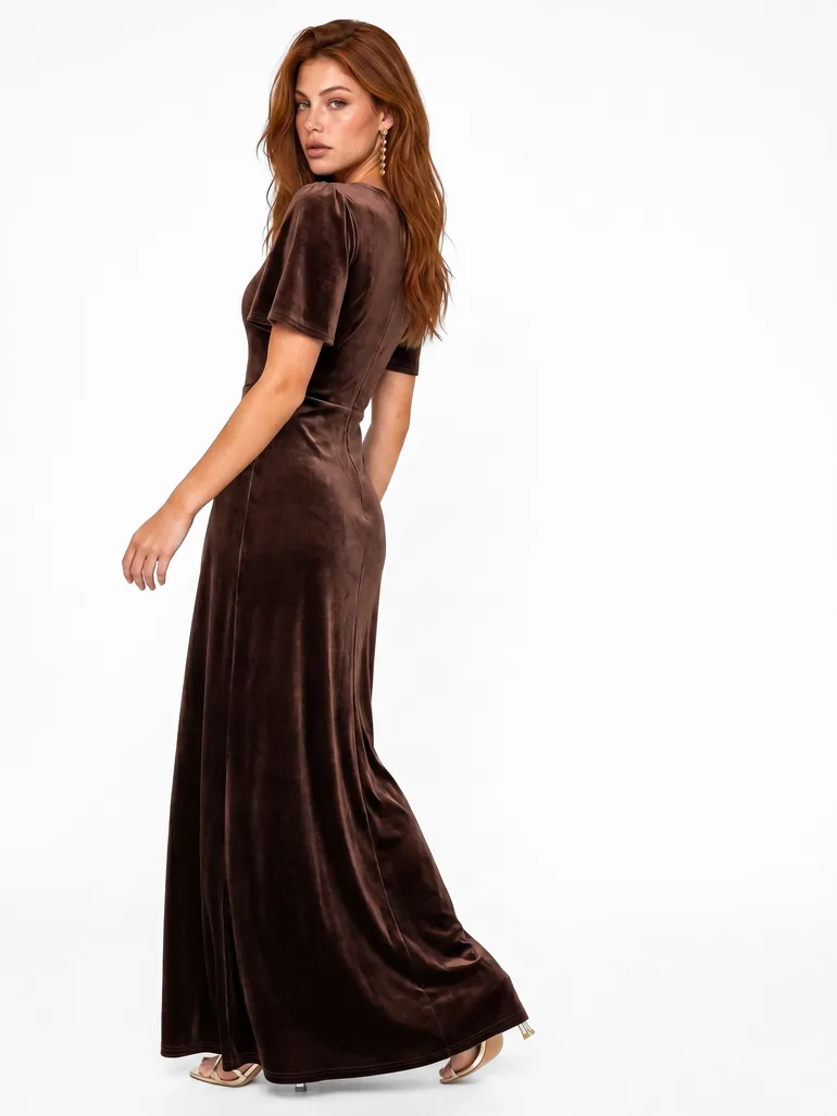 Maya Chocolate Faux Wrap Short Sleeve Velvet Maxi Dress - 1