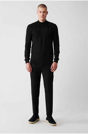 Men's Black Half Turtleneck Woolen Front Patterned Knitwear Sweater