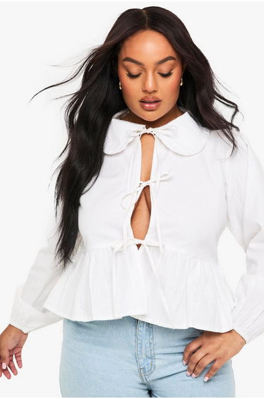 Plus Cotton Collar Tie Front Blouse - white