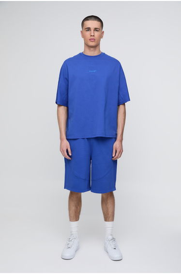 Oversized Panelled Man Embroidered T-Shirt and Short Set - cobalt