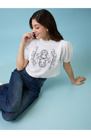Women White Puff Sleeves Frills Embroidered Top