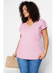 Pink Boyfriend V Neck Slit 100% Cotton Knitted T-Shirt - 1