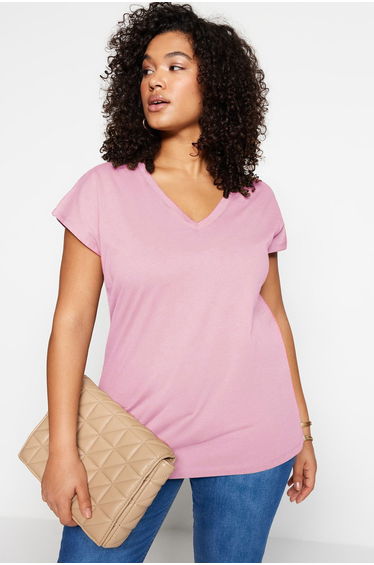Pink Boyfriend V Neck Slit 100% Cotton Knitted T-Shirt