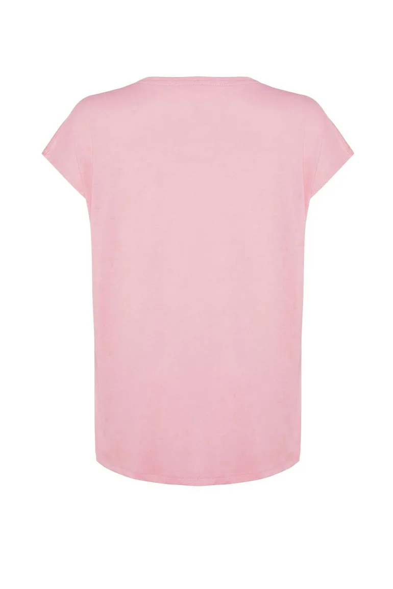 Pink Boyfriend V Neck Slit 100% Cotton Knitted T-Shirt - 6