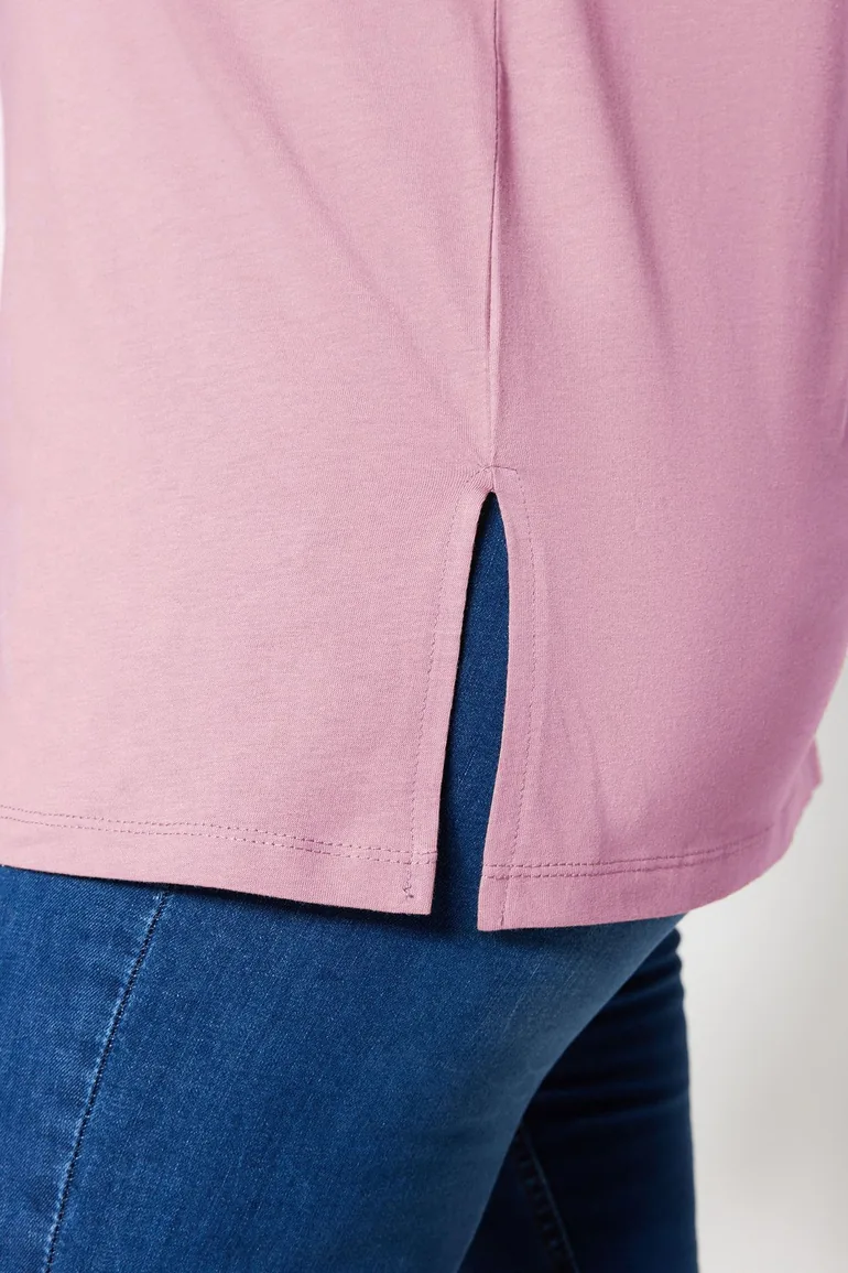 Pink Boyfriend V Neck Slit 100% Cotton Knitted T-Shirt - 2