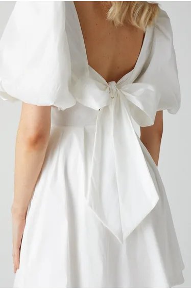 Puff Sleeve Full Skirted Mini Dress With Tie Back