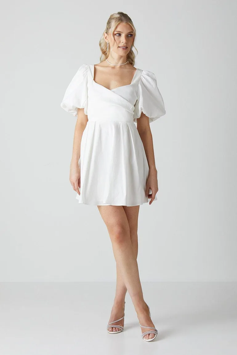 Puff Sleeve Full Skirted Mini Dress With Tie Back
