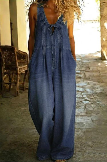 Loose Sleeveless Hollow Pleated Pockets Solid Color Split-Joint Tied Deep V-Neck Jumpsuits