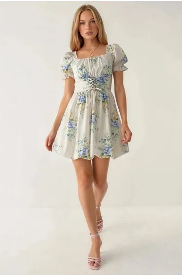 BUSEM Floral A-Line Mini Dress with Tie Detail