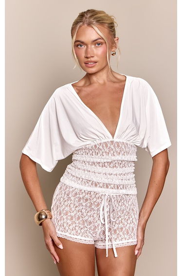 White Textured Lace Waist Detail Top