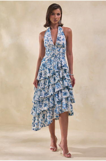 Velora | Blue Porcelain Print Asymmetric-Neck Midi Dress With Tiered-Ruffled Skirt