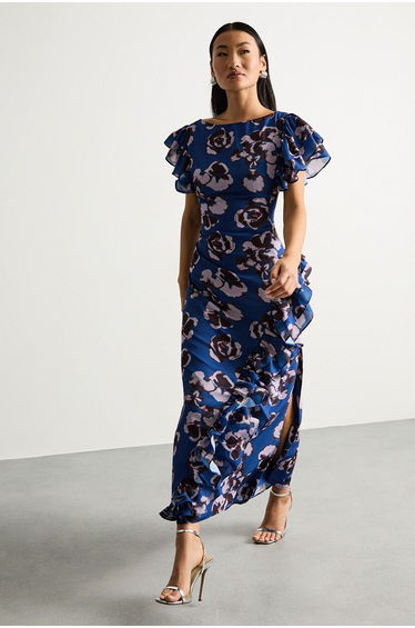 Petite Printed Side Split Ruffle Detail Maxi Dress