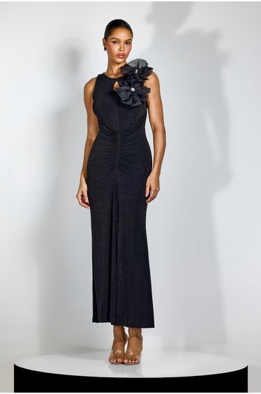 Miranda Floral Applique Ruched Maxi Dress
