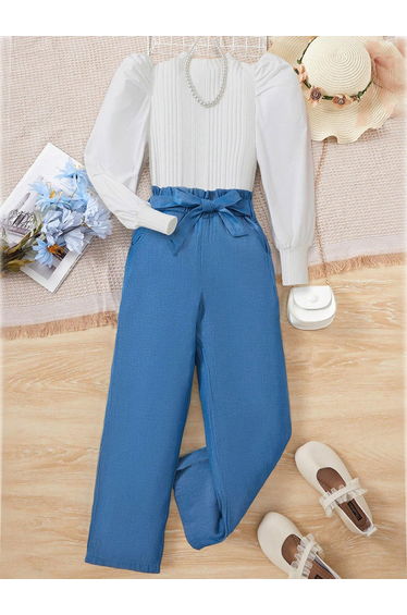 Girls Texture Puff Sleeve Top with Wide Leg Pants Set