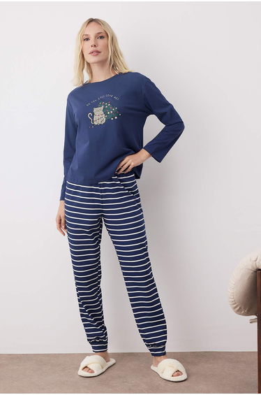 Navy Blue 100% Cotton New Year's Jersey Knitted Pajama Set