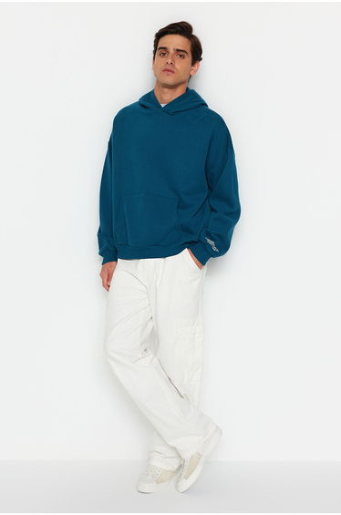 Petrol Men's Oversize Sleeve with Text Embroidery Label Soft Fabric Thick Hoodie