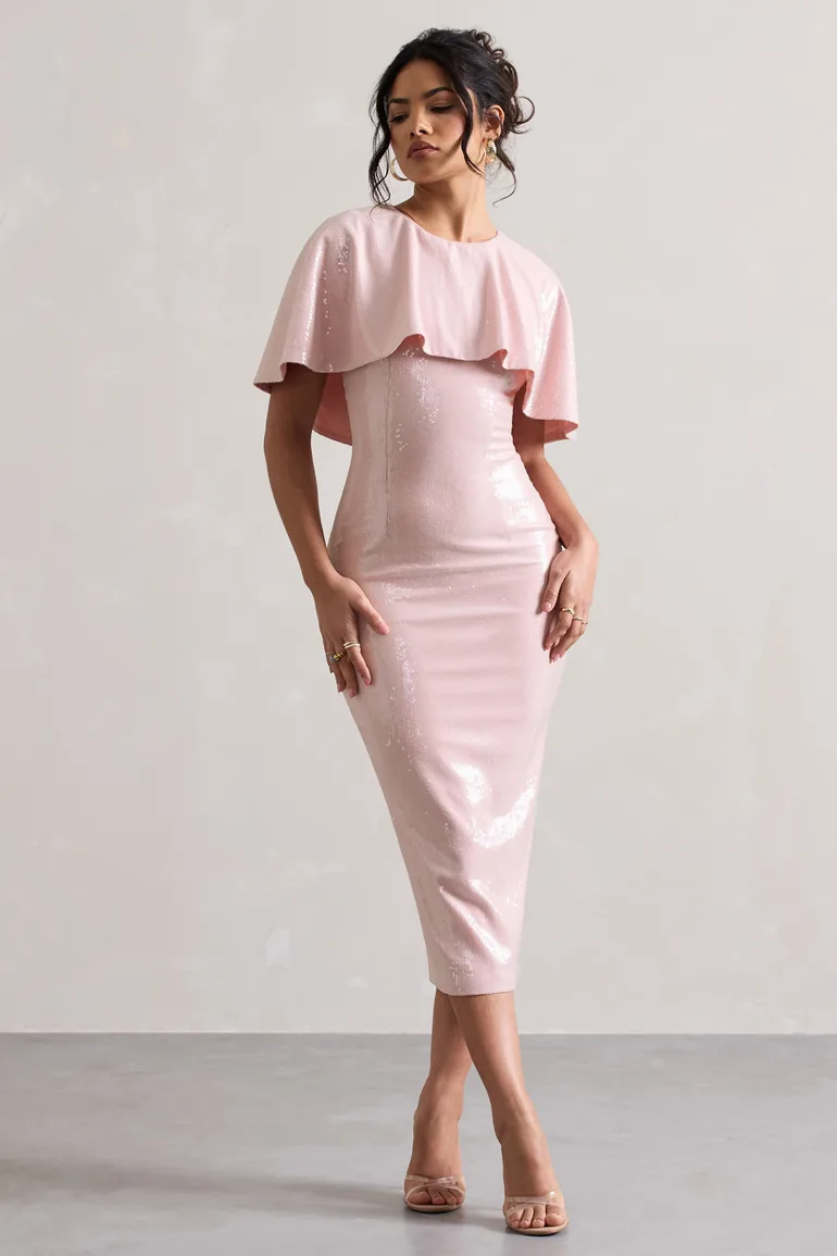 Shop Amelie | Pastel Pink Sequin Midaxi Dress With Cape Online in Oman