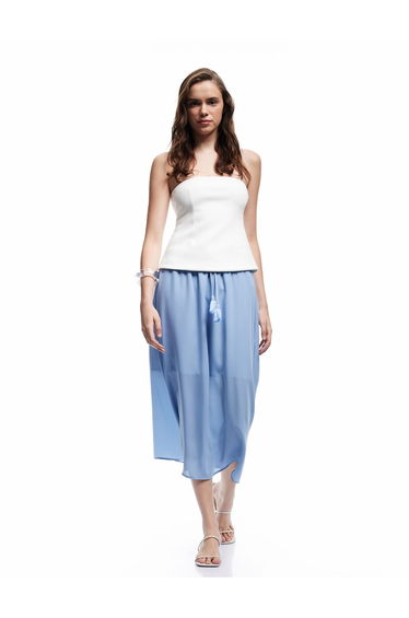 Crepe Fabric Lined Elastic Waist Tied Midi Flared Skirt