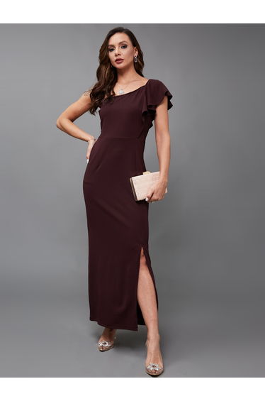Solid Ruffled One Shoulder Neck Sheath Maxi Dress