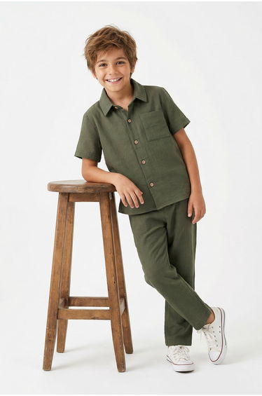 Khaki Textured Woven Bottom - Top Set