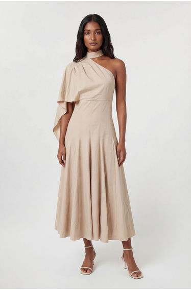 Premium Tailored Linen High Neck One Shoulder Full Midi Dress