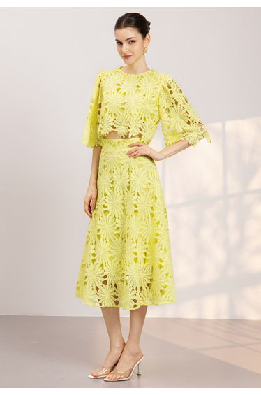 Refined Guipure Lace Crop Top and Midi Skirt Set in Yellow for Bridal Brunch & Tea Party