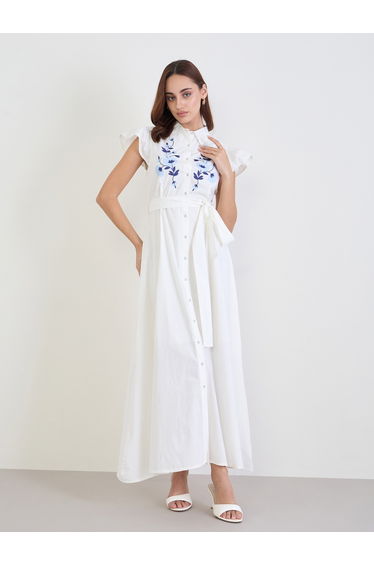 White Embroidered Yoke Shirt Maxi Dress
