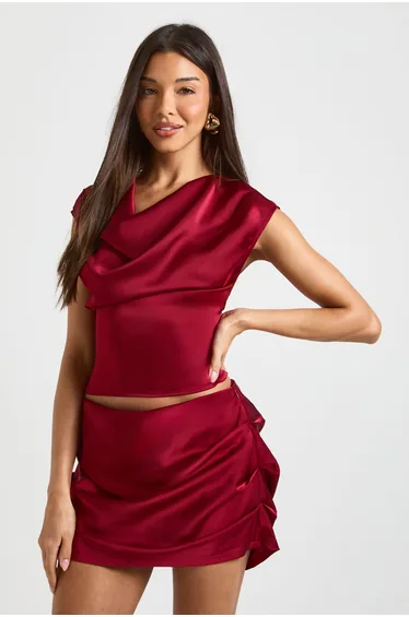 Satin Drape Front Skort - dark red