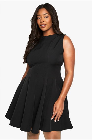 plus panelled mini skater dress - black