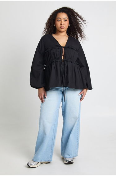 Plus Ruched Tie Front Detail Smock Top - black