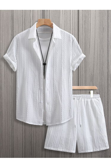 Men White Textured Short Sleeve Button Front Shirt and Shorts Co-Ords