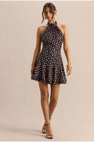 Florence | Brown and White Satin Halter-Neck Mini Dress