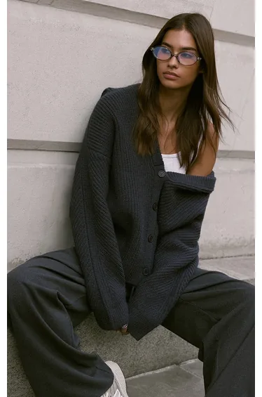 Charcoal Grey Thick Knit Oversized Button Through Cardigan