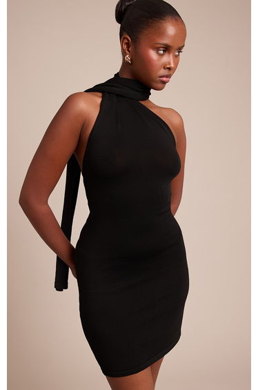 Black Scarf Detail Knitted Mini Dress