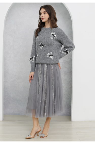 Heart Sequin Bowknot Embellished Knit Sweater in Grey