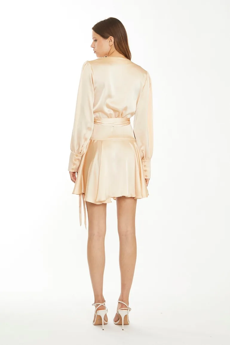 Peach Champagne Satin Wrap Mini-Dress - 1