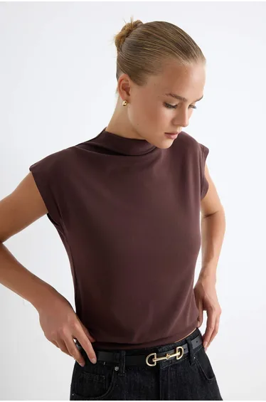 Brown Plain Regular Stand Collar Sleeveless Viscose Ribbed Knitted Blouse