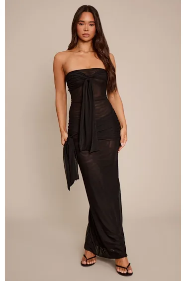 Black Mesh Bandeau Knot Detail Maxi Dress