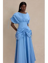 Shirring Batwing Sleeve Gathering Midi Dress - 2