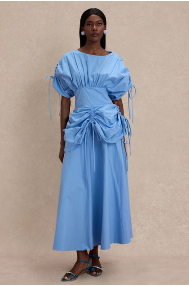 Shirring Batwing Sleeve Gathering Midi Dress