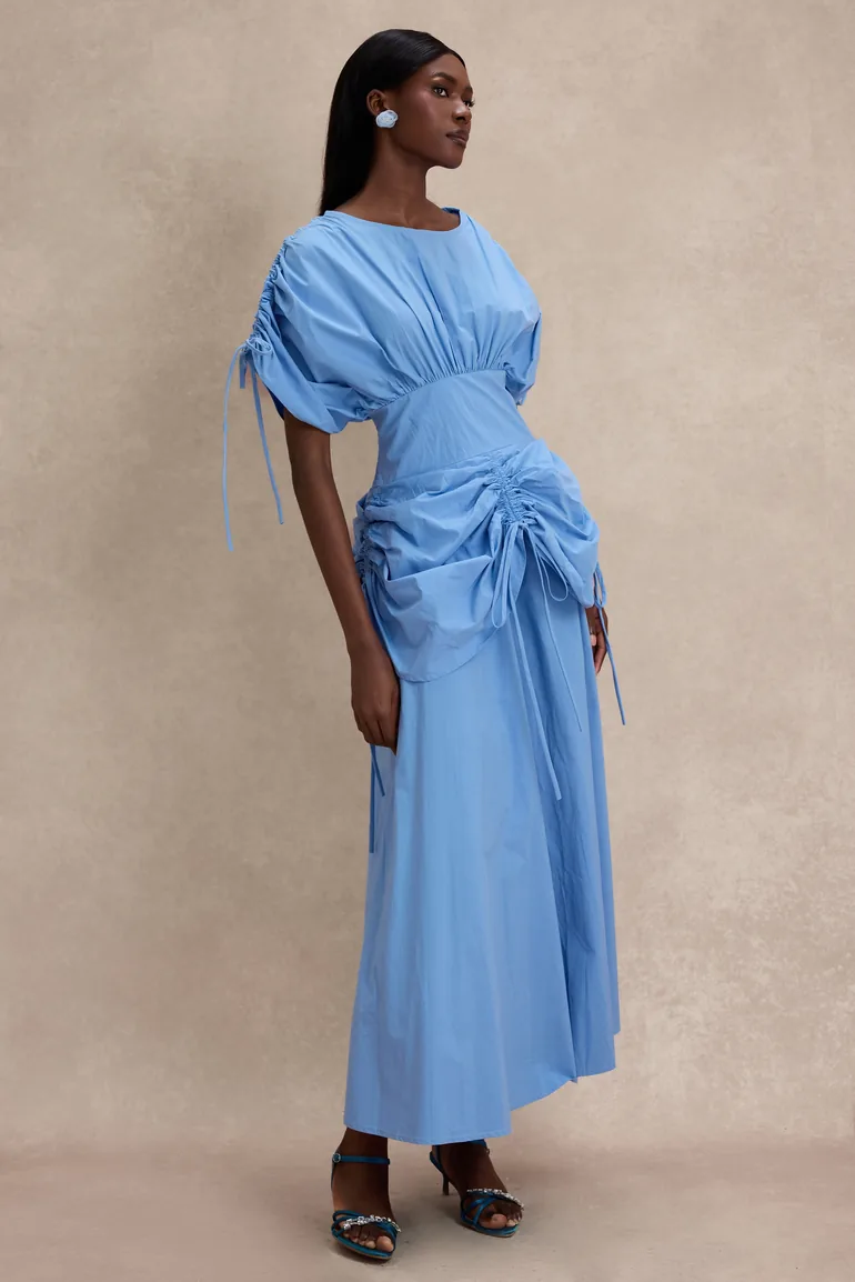 Shirring Batwing Sleeve Gathering Midi Dress - 4