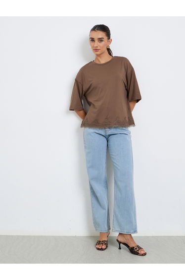 Women Brown Lace Hem Oversized T-Shirt