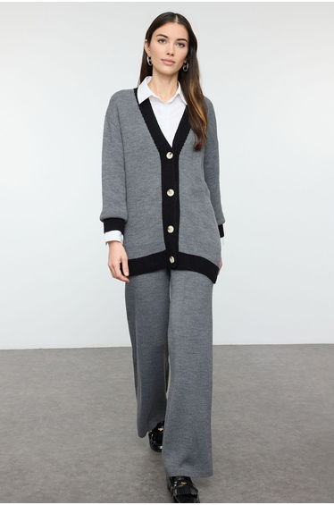 Anthracite Stripe Detailed Cardigan-Pants Knitwear Set