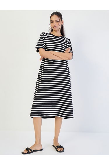Black Striped Knit Midi Dress